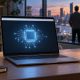 Laptop on a desk showing a browser window with a glowing chip icon