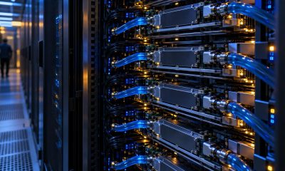 Rows of liquid-cooled accelerator boards in a data-centre rack