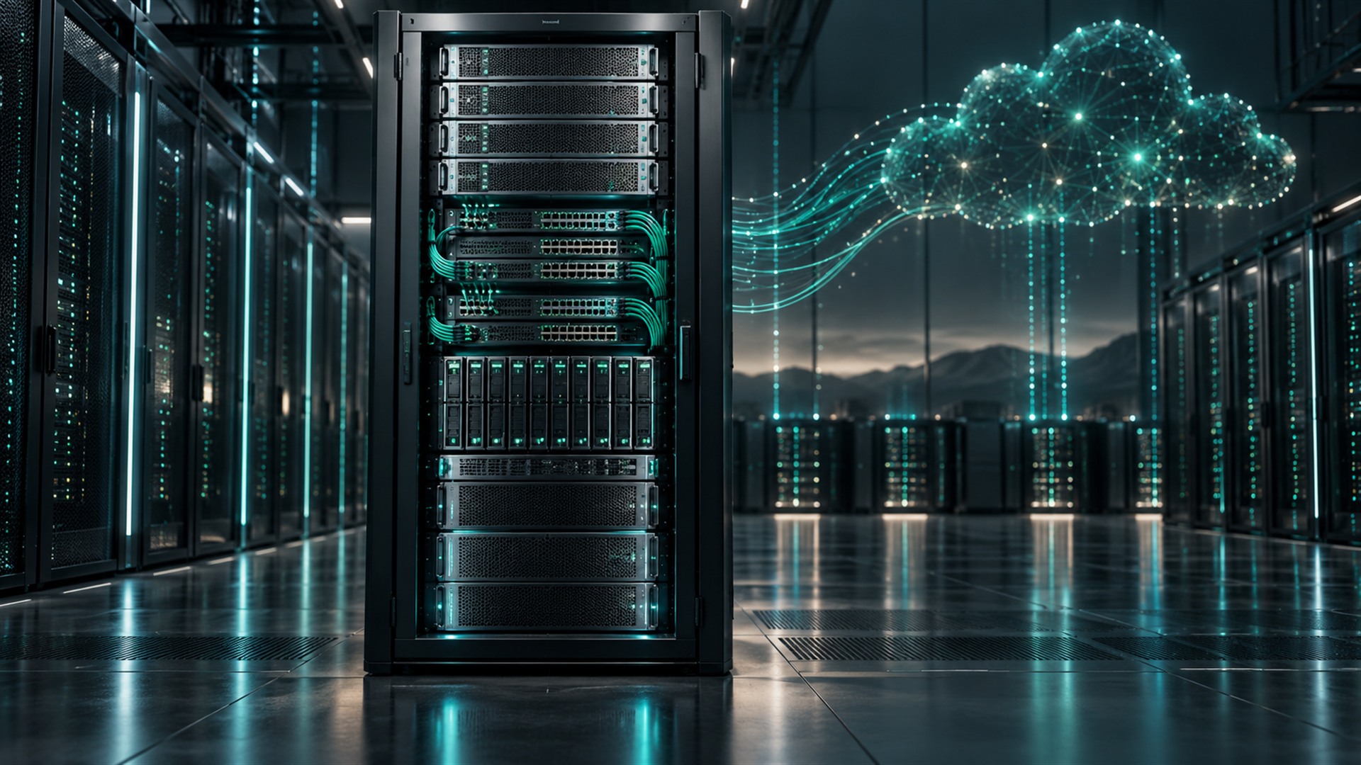 Conceptual illustration of enterprise-owned cloud infrastructure, showing an integrated server rack and glowing network connections.