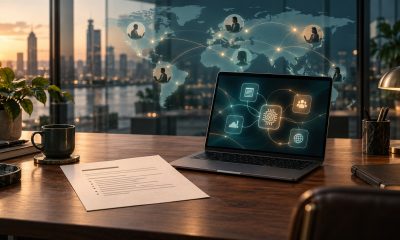Editorial illustration of AI workflows and global workforce connections above a desk with a job-description document.