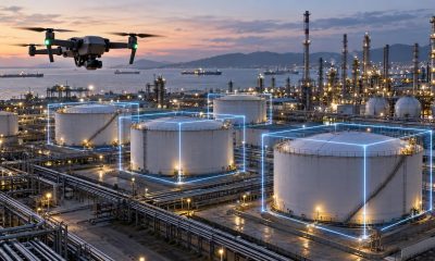 Inspection drone over a refinery tank farm with highlight boxes around storage tanks