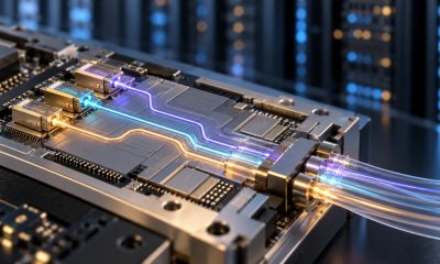 AI-generated conceptual illustration of semiconductor laser sources, silicon photonics, and optical fibers in an AI data center.