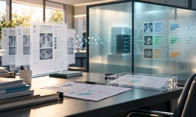 AI-generated illustration of anonymized clinical records and independent model evaluation