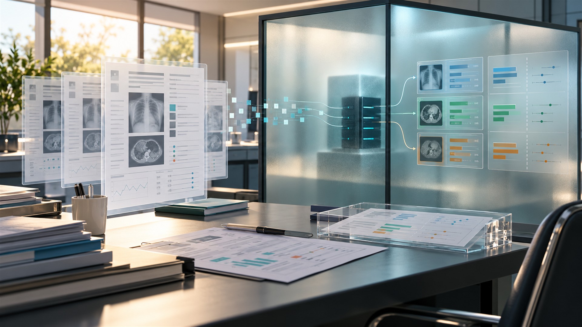AI-generated illustration of anonymized clinical records and independent model evaluation