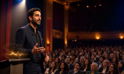 Public speaker addressing a diverse audience of adults in an auditorium