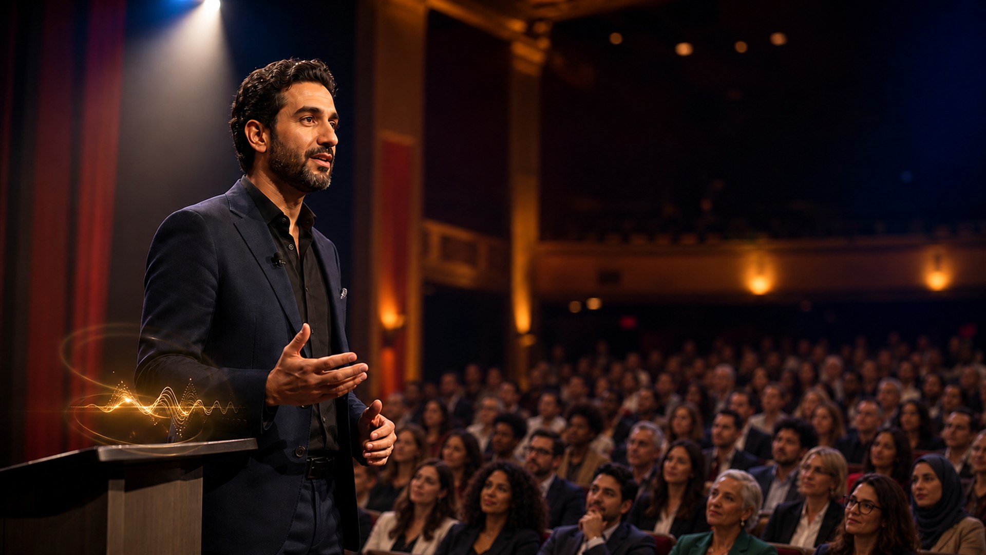 Public speaker addressing a diverse audience of adults in an auditorium