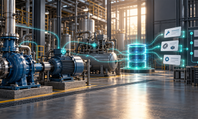 Industrial pumps and equipment connected through a data hub to spare-parts and service workflows.