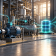 Industrial pumps and equipment connected through a data hub to spare-parts and service workflows.
