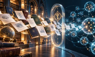 Conceptual illustration of licensed scientific papers passing through a key-marked gateway into an AI network