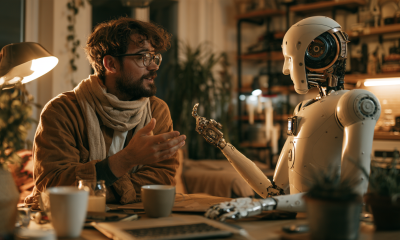 A man sitting at a table having a friendly conversation with a robot.