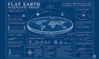 AI-generated image, GPT Image 2: A blueprint-style diagram of a flat Earth beneath a celestial dome, surrounded by technical illustrations and explanations covering the horizon, water curvature, aircraft altitude, light, perspective, planetary motion, gravity, Earth's rotation, observational comparisons, and mathematical coordinates, with labeled diagrams, measurements, equations, arrows, and explanatory text.