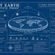 AI-generated image, GPT Image 2: A blueprint-style diagram of a flat Earth beneath a celestial dome, surrounded by technical illustrations and explanations covering the horizon, water curvature, aircraft altitude, light, perspective, planetary motion, gravity, Earth's rotation, observational comparisons, and mathematical coordinates, with labeled diagrams, measurements, equations, arrows, and explanatory text.