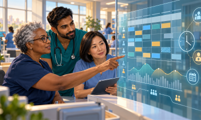 Three healthcare staff review a conceptual staffing forecast and shift calendar at a hospital operations station.