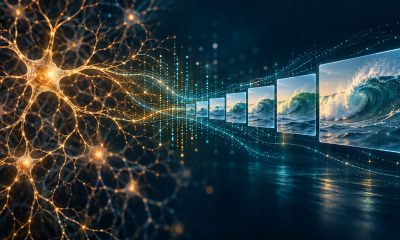 Conceptual illustration of neuronal patterns transitioning into AI-generated video frames