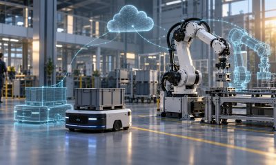 Conceptual illustration of industrial robots and their digital twins connected through cloud telemetry