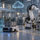 Conceptual illustration of industrial robots and their digital twins connected through cloud telemetry