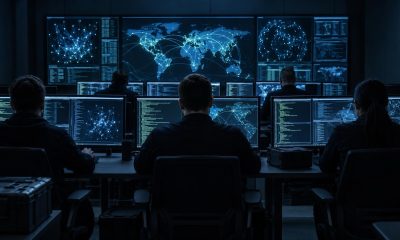 Unnamed operators at banks of monitors showing network maps and code in a dim operations room