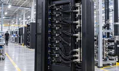 Black liquid-cooled server rack on a factory floor