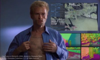 A screen-grab of Guy Pearce from Christopher Nolan's 2000 thriller 'Memento', depicting the plight of a man unable to remember more than the last 10-15 minutes of his life (discussed in the accompanying article). Superimposed in the background are grabs from various memory-creation tools discussed in the article. Guy Pearce in Memento (2000), directed by Christopher Nolan. © 2000 I Remember Productions, LLC. All Rights Reserved.