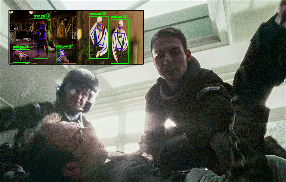 A still from Minority Report (2002), a film centered on predicting violent crimes before they occur, alongside an inset from Can We Anticipate Violence? Multimodal Learning from Pre-Incident Behavioral Cues, which investigates the same problem using AI analysis of facial appearance, audio and body motion. Minority Report image © 2002 Twentieth Century Fox and DreamWorks Pictures; reproduced for editorial commentary.