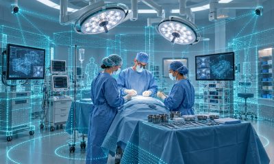 AI-generated illustration of clinicians in an operating room with a cyan 3D spatial sensing overlay.