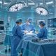 AI-generated illustration of clinicians in an operating room with a cyan 3D spatial sensing overlay.
