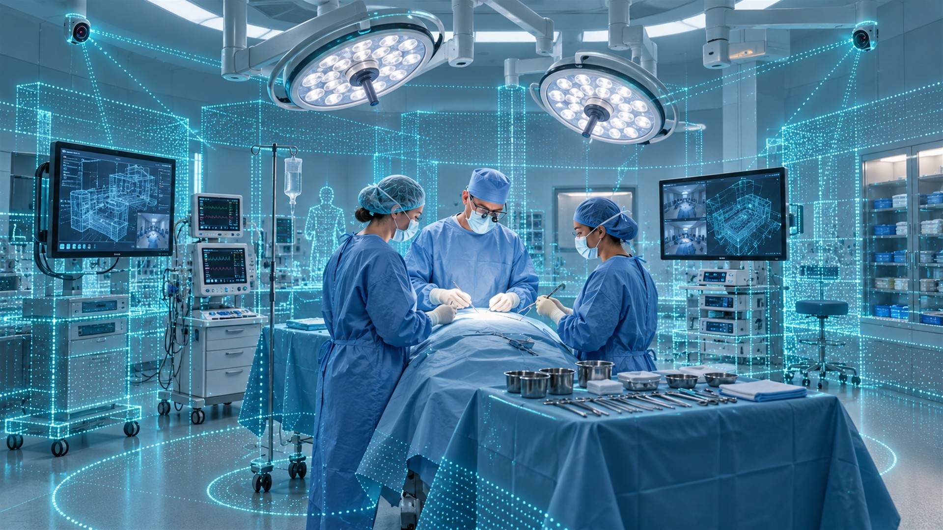 AI-generated illustration of clinicians in an operating room with a cyan 3D spatial sensing overlay.