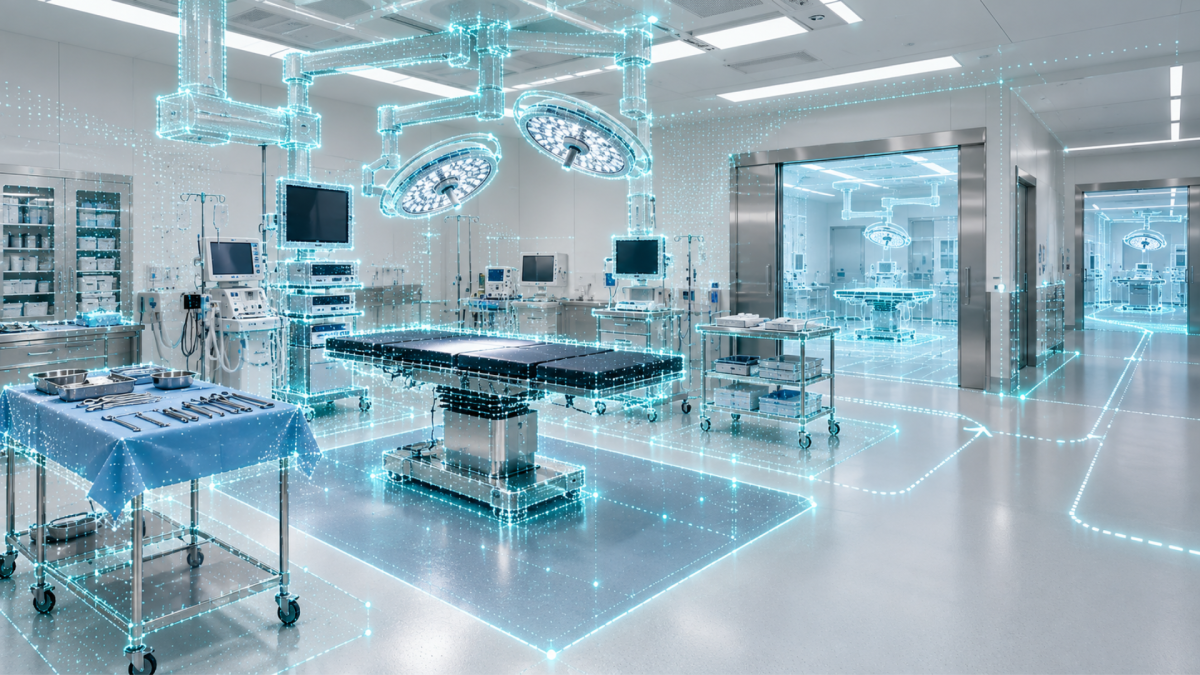Conceptual illustration of an empty operating room mapped with spatial sensing.