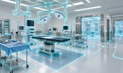Conceptual illustration of an empty operating room mapped with spatial sensing.