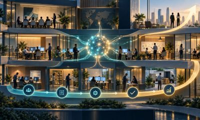 Editorial illustration of connected workplace teams using AI to transform workflows and create business value