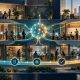 Editorial illustration of connected workplace teams using AI to transform workflows and create business value