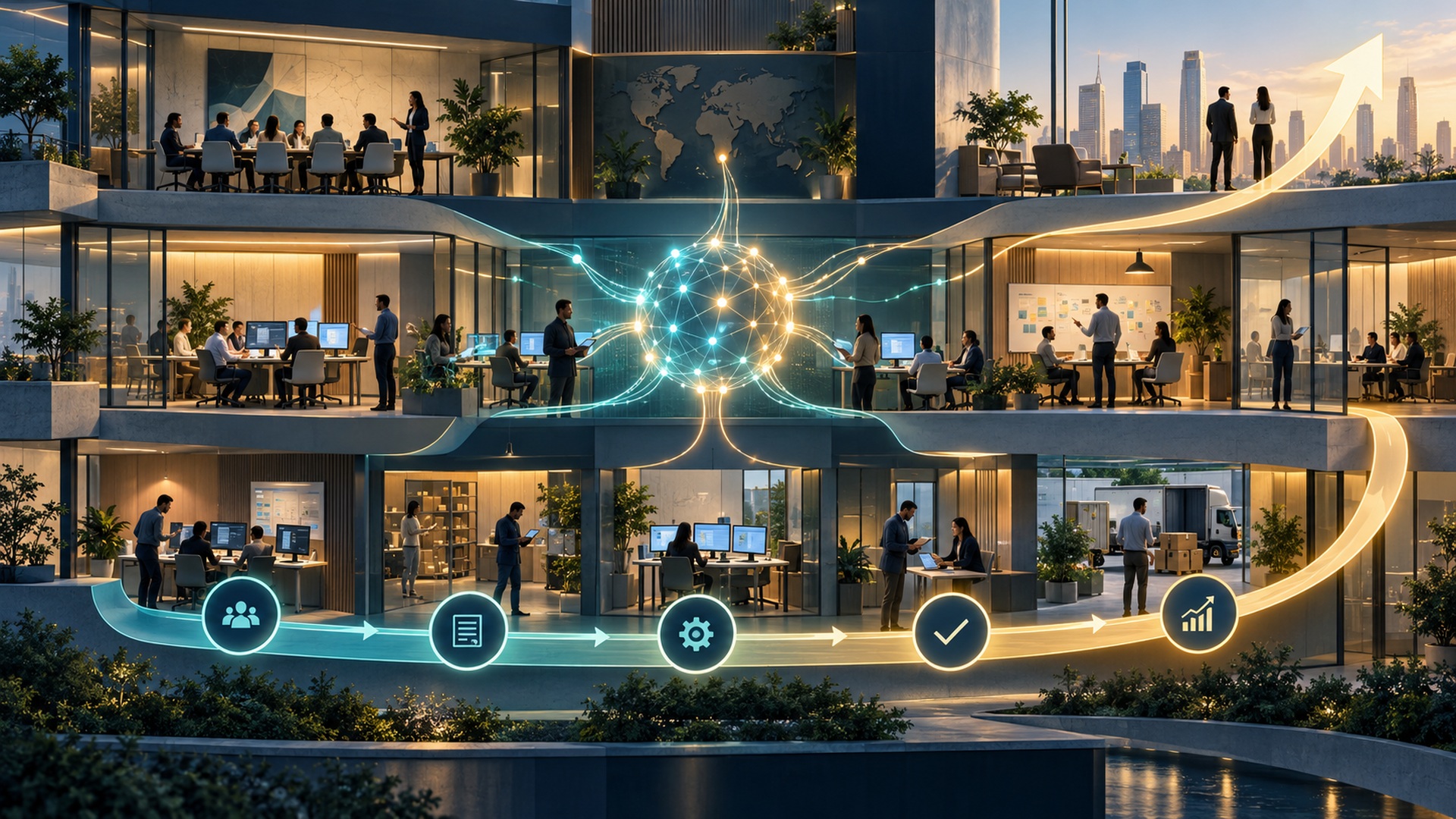 Editorial illustration of connected workplace teams using AI to transform workflows and create business value